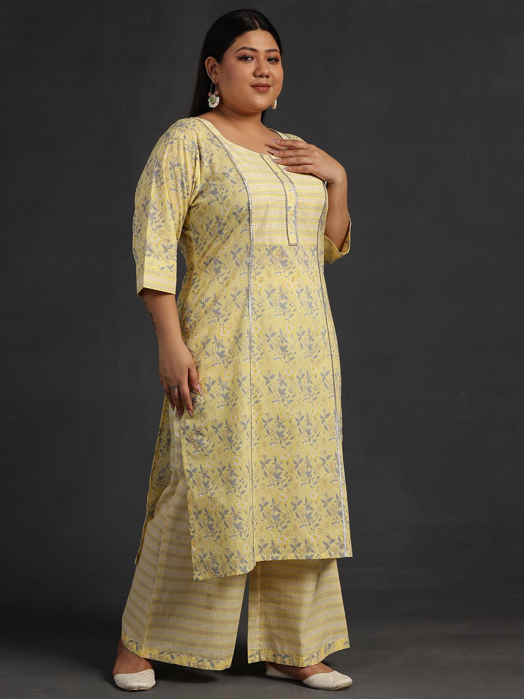 Plus Size Yellow Printed Cotton Straight Suit With Dupatta - Libas