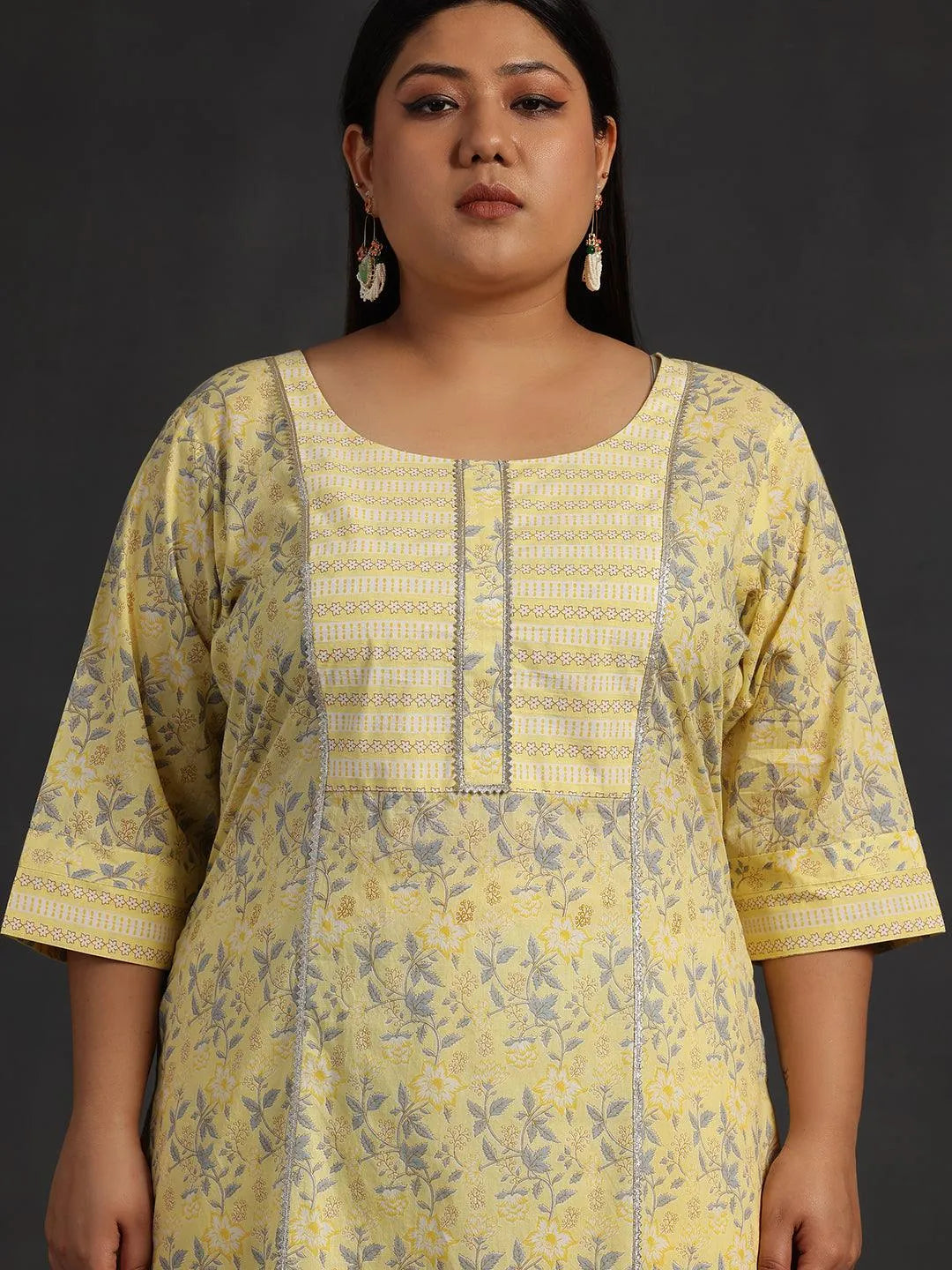 Plus Size Yellow Printed Cotton Straight Suit With Dupatta - Libas 