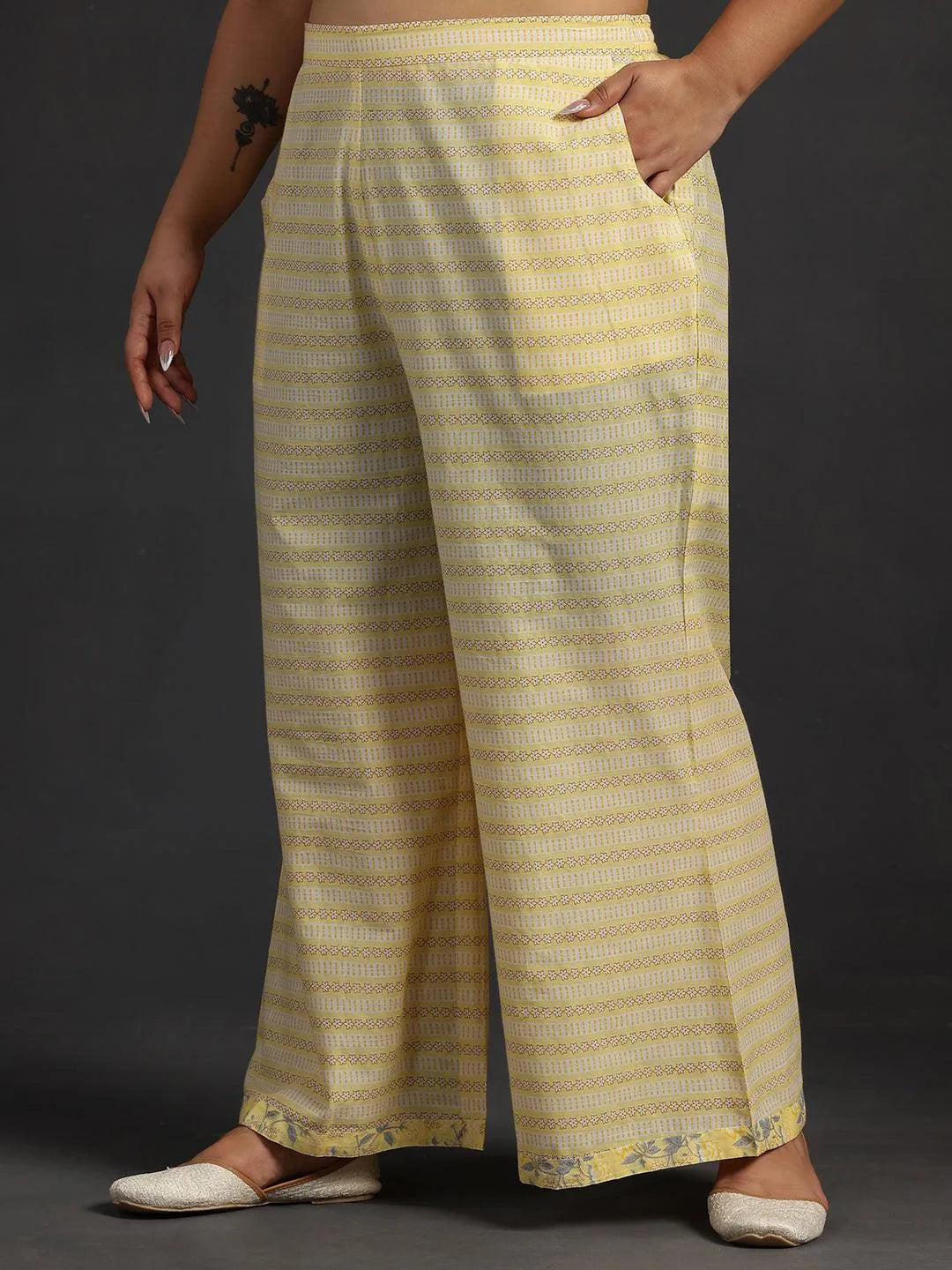 Plus Size Yellow Printed Cotton Straight Suit With Dupatta - Libas 