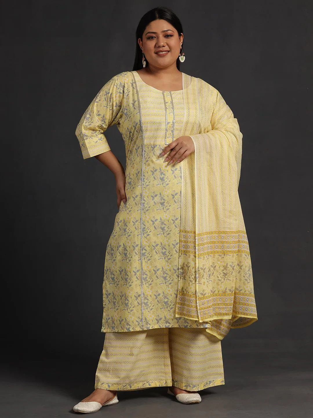 Plus Size Yellow Printed Cotton Straight Suit With Dupatta - Libas 