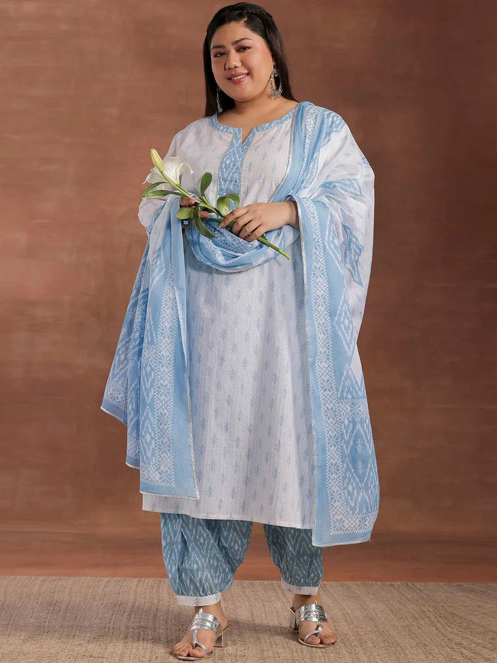 Plus Size White Printed Cotton Straight Suit With Dupatta - Libas