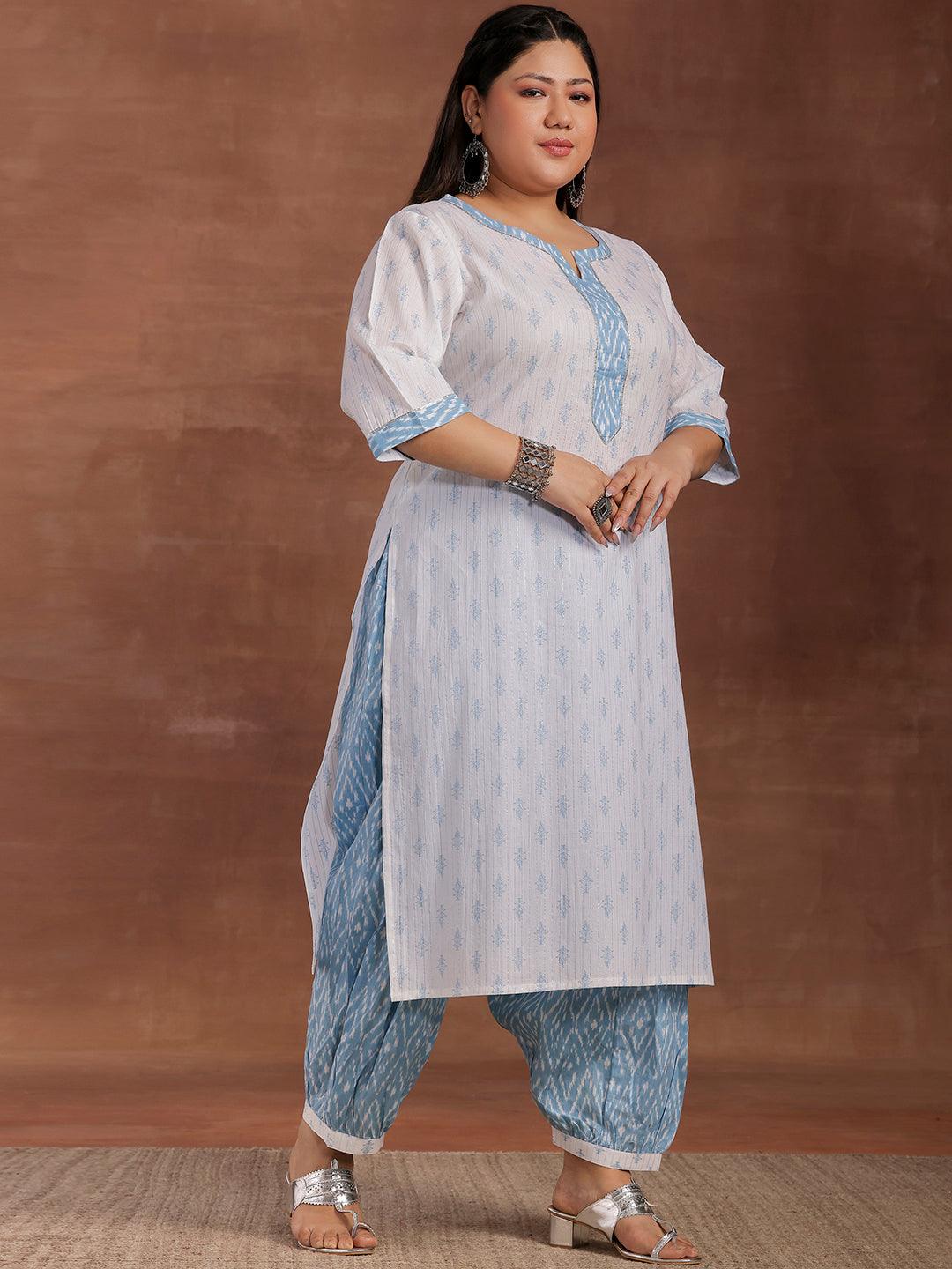 Buy Plus Size White Printed Cotton Straight Suit With Dupatta Online at ...