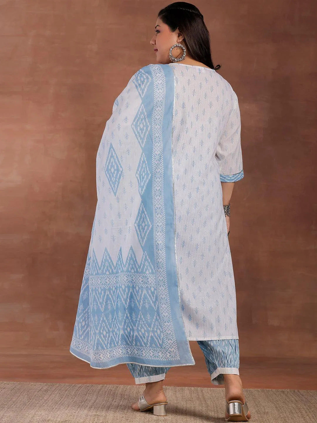 Plus Size White Printed Cotton Straight Suit With Dupatta - Libas