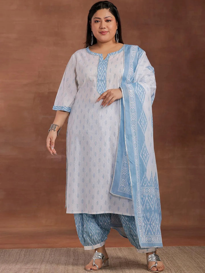 Plus Size White Printed Cotton Straight Suit With Dupatta - Libas