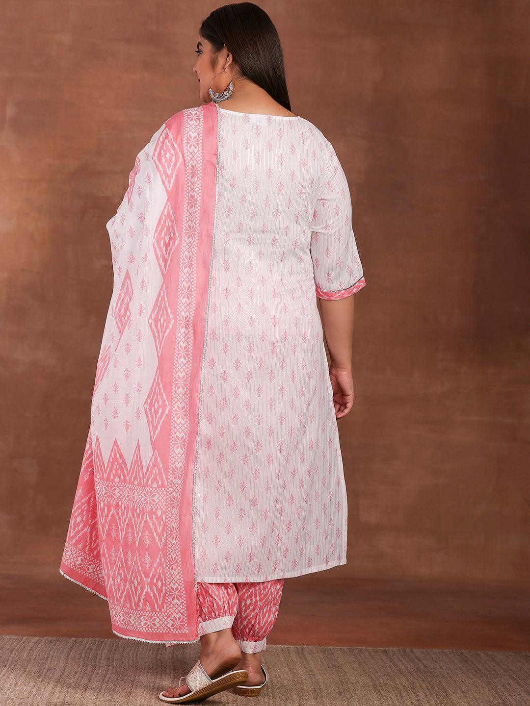 Plus Size White Printed Cotton Straight Suit With Dupatta - Libas