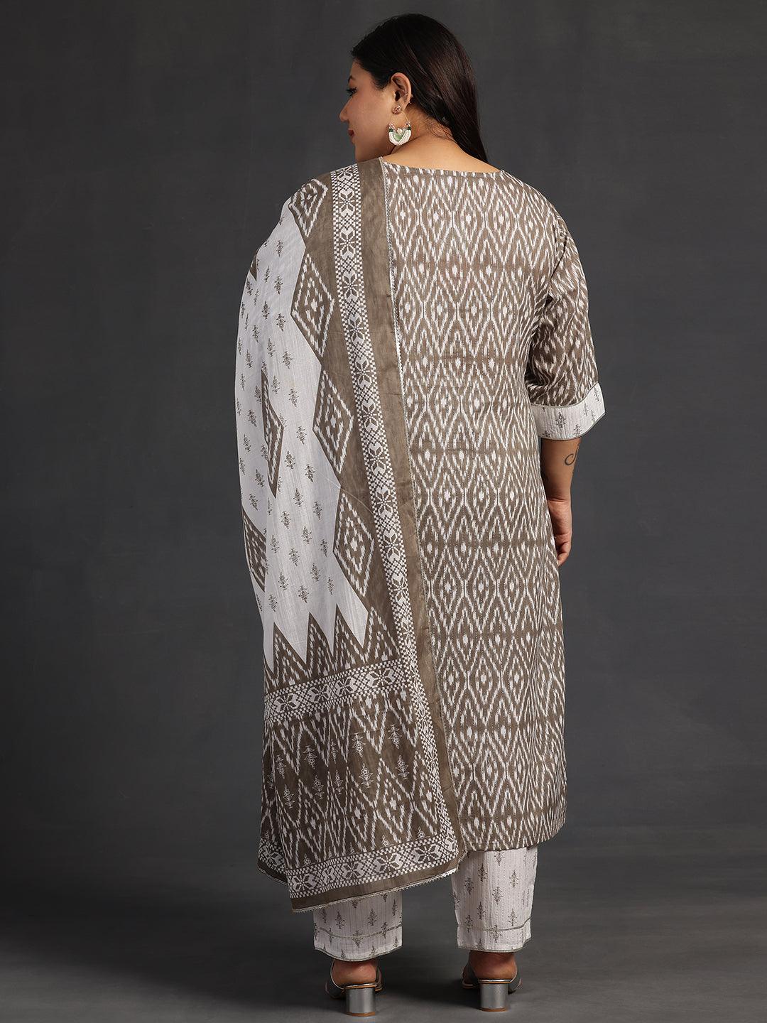 Plus Size Grey Printed Cotton Straight Suit With Dupatta - Libas