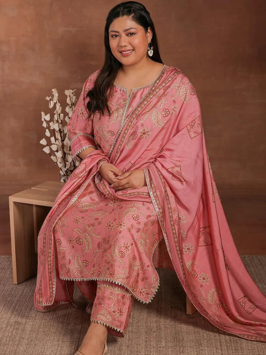 Plus Size Pink Printed Silk Blend Straight Suit With Dupatta - Libas