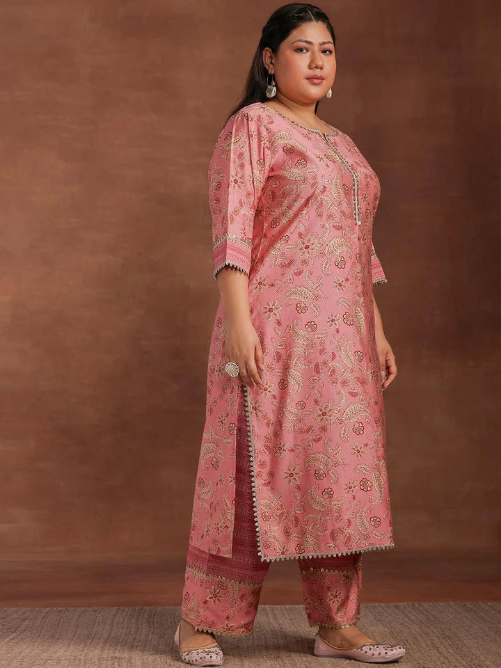 Plus Size Pink Printed Silk Blend Straight Suit With Dupatta - Libas