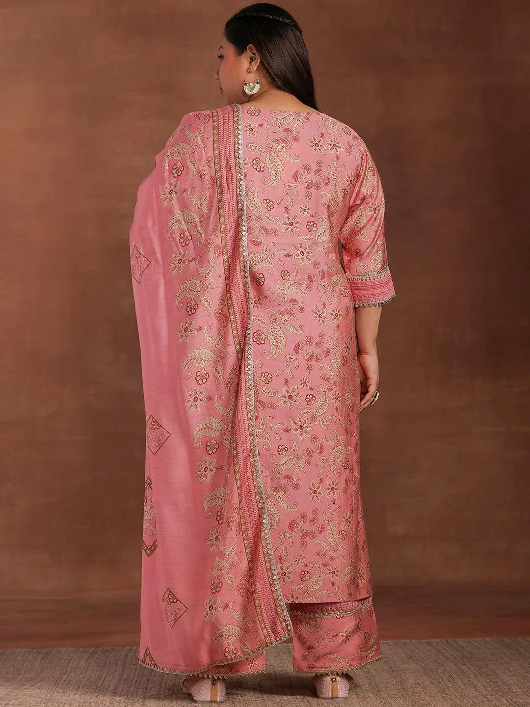 Plus Size Pink Printed Silk Blend Straight Suit With Dupatta - Libas 