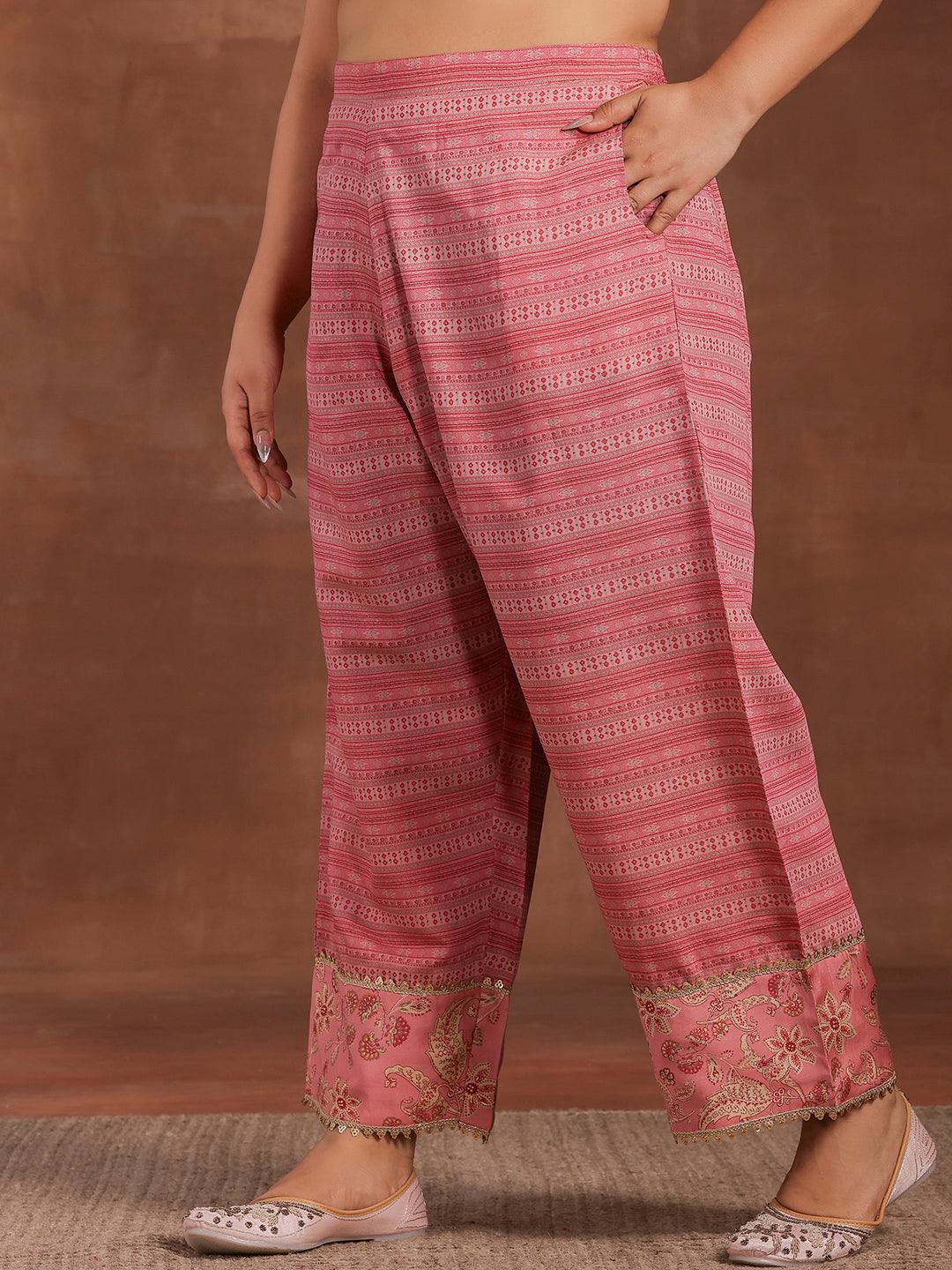 Plus Size Pink Printed Silk Blend Straight Suit With Dupatta