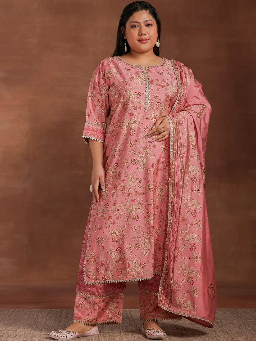 Plus Size Pink Printed Silk Blend Straight Suit With Dupatta - Libas 