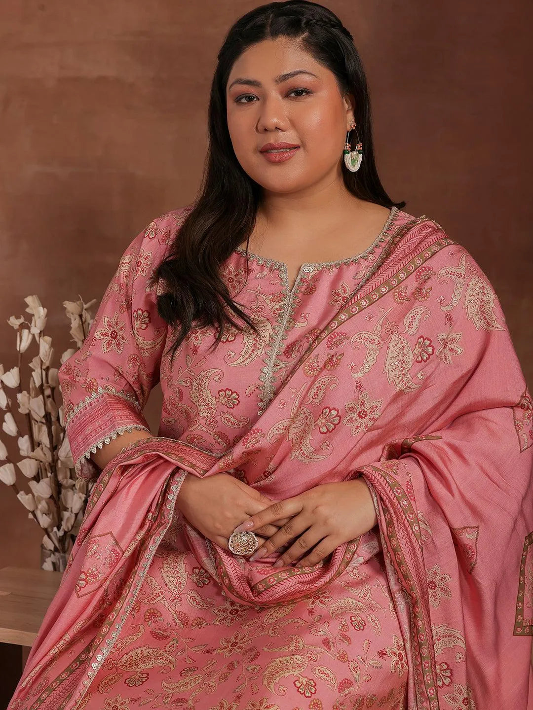 Plus Size Pink Printed Silk Blend Straight Suit With Dupatta - Libas 