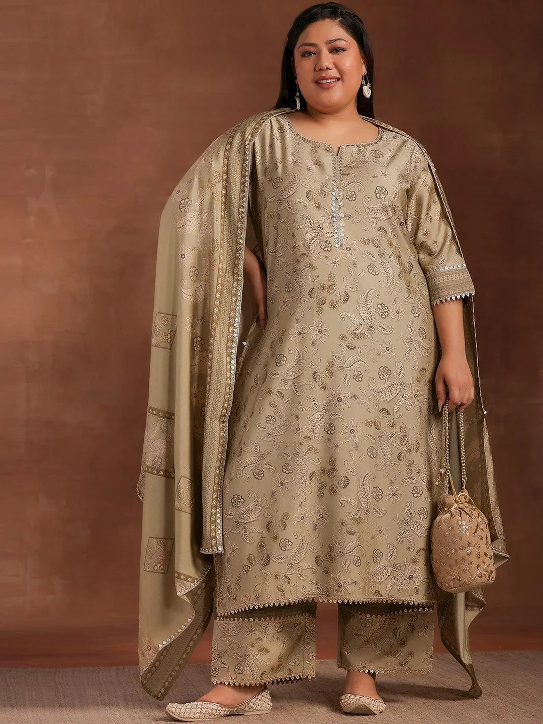 Plus Size Green Printed Silk Blend Straight Suit With Dupatta - Libas