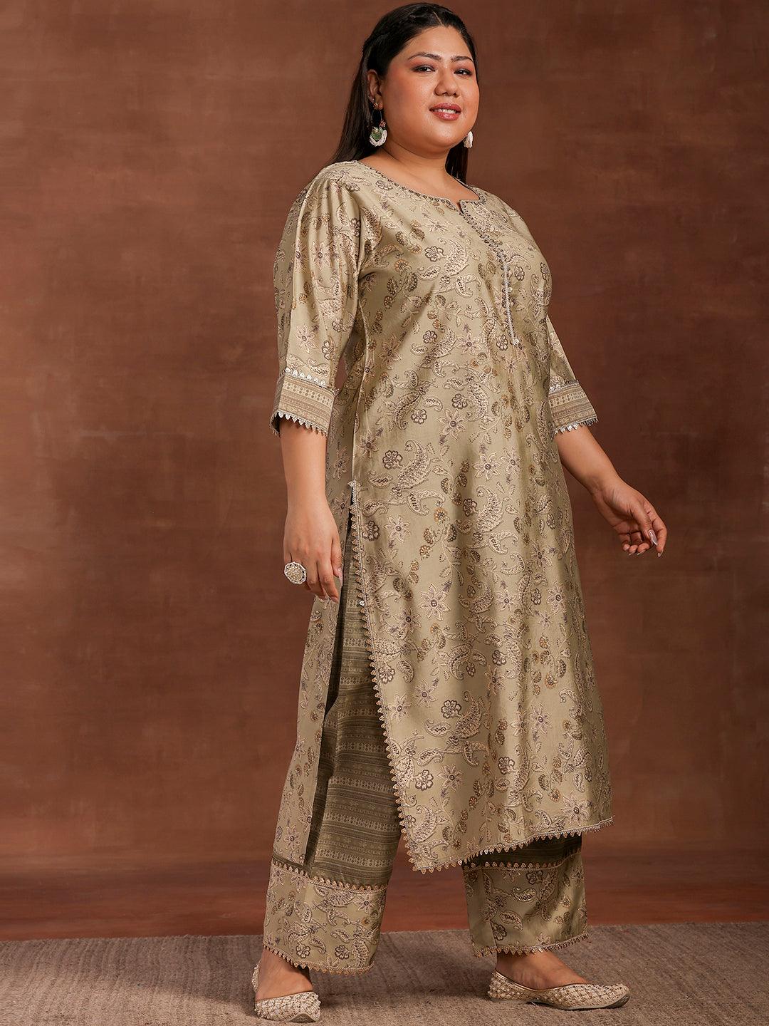 Plus Size Green Printed Silk Blend Straight Suit With Dupatta - Libas