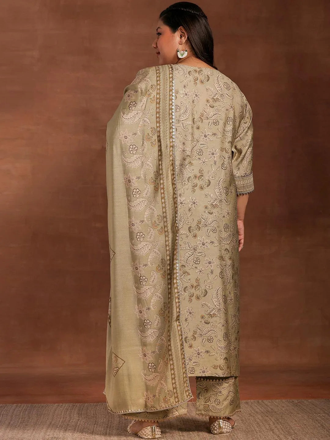Plus Size Green Printed Silk Blend Straight Suit With Dupatta - Libas 