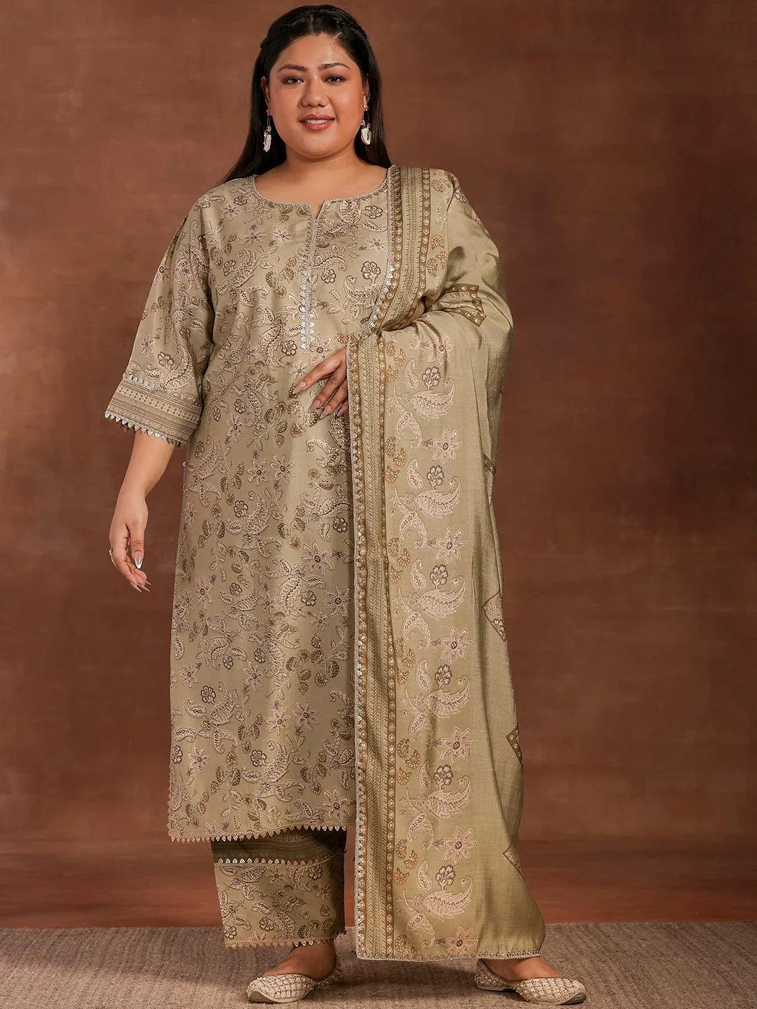 Plus Size Green Printed Silk Blend Straight Suit With Dupatta - Libas 