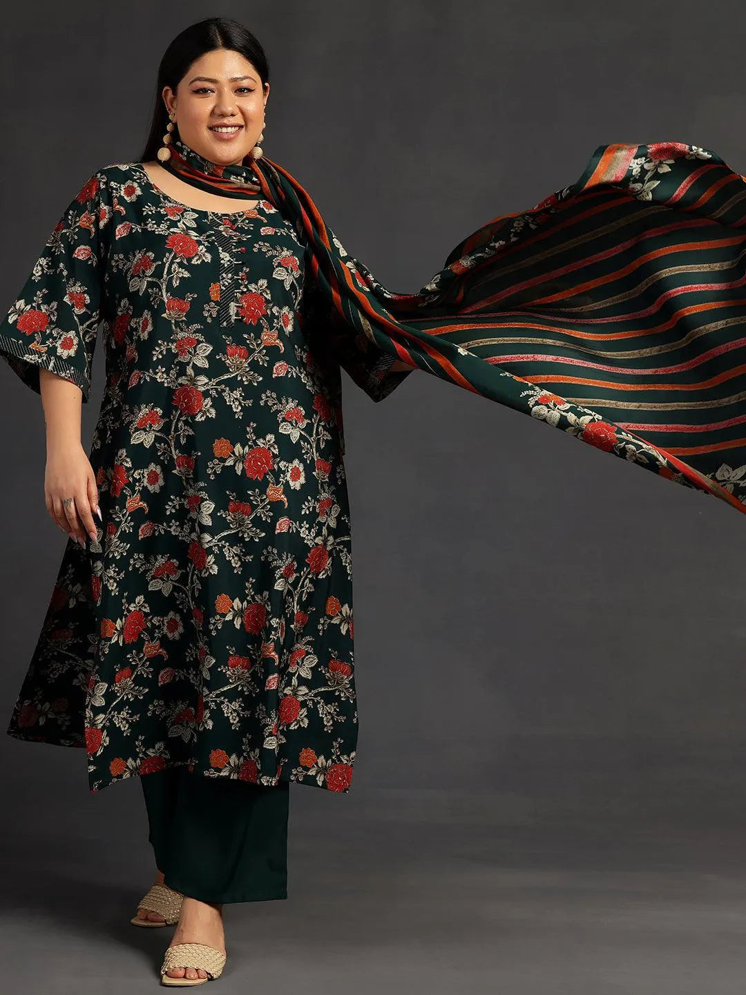 Plus Size Green Printed Silk Blend Straight Suit With Dupatta - Libas