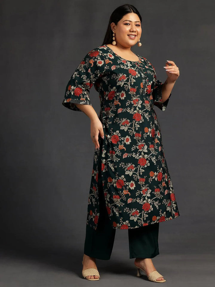 Plus Size Green Printed Silk Blend Straight Suit With Dupatta - Libas