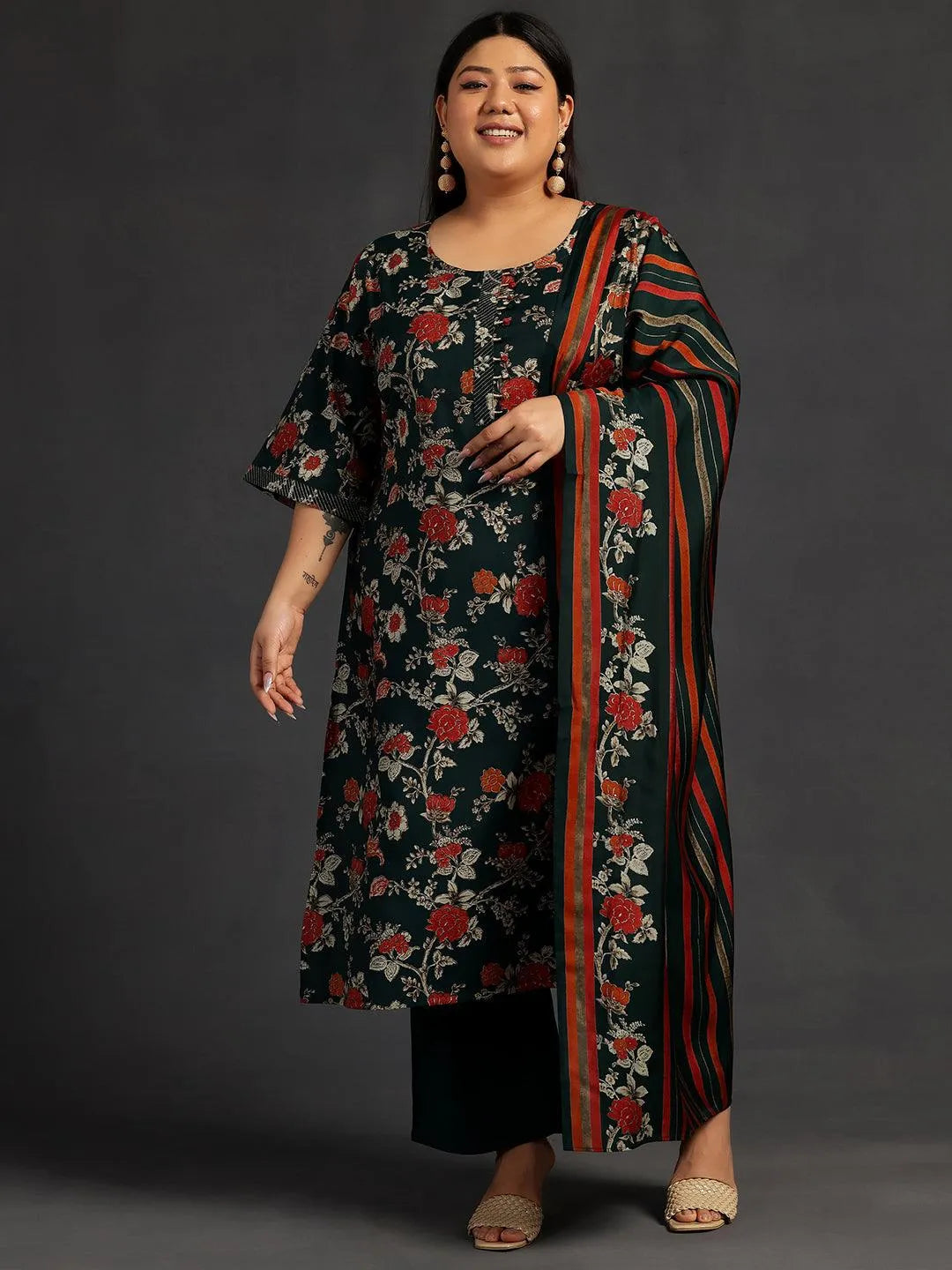 Plus Size Green Printed Silk Blend Straight Suit With Dupatta - Libas 