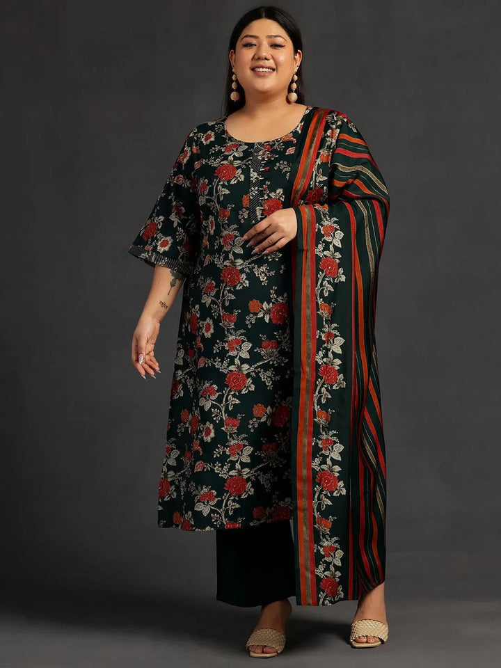 Plus Size Green Printed Silk Blend Straight Suit With Dupatta - Libas