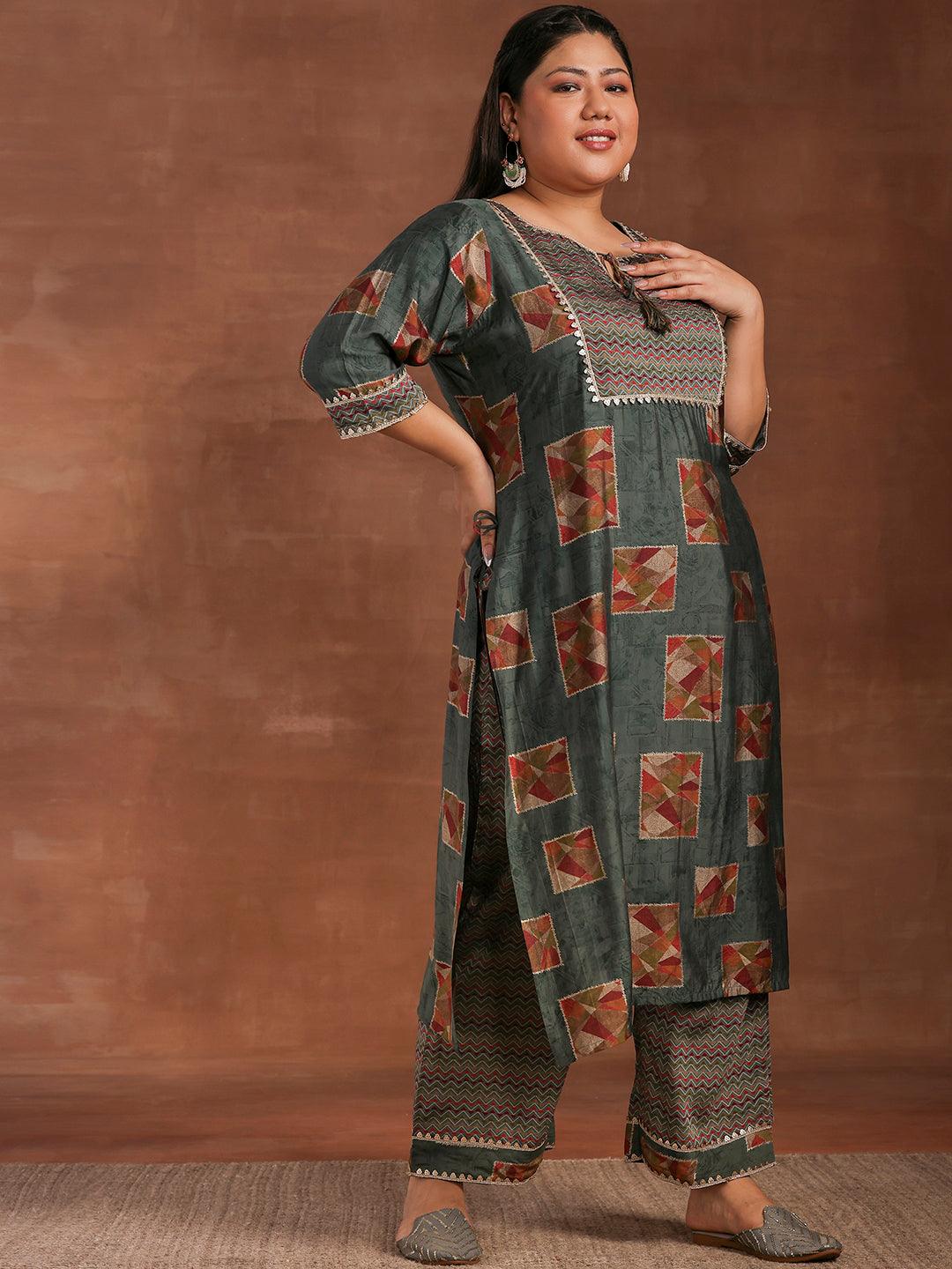Plus Size Green Printed Silk Blend Straight Suit With Dupatta - Libas
