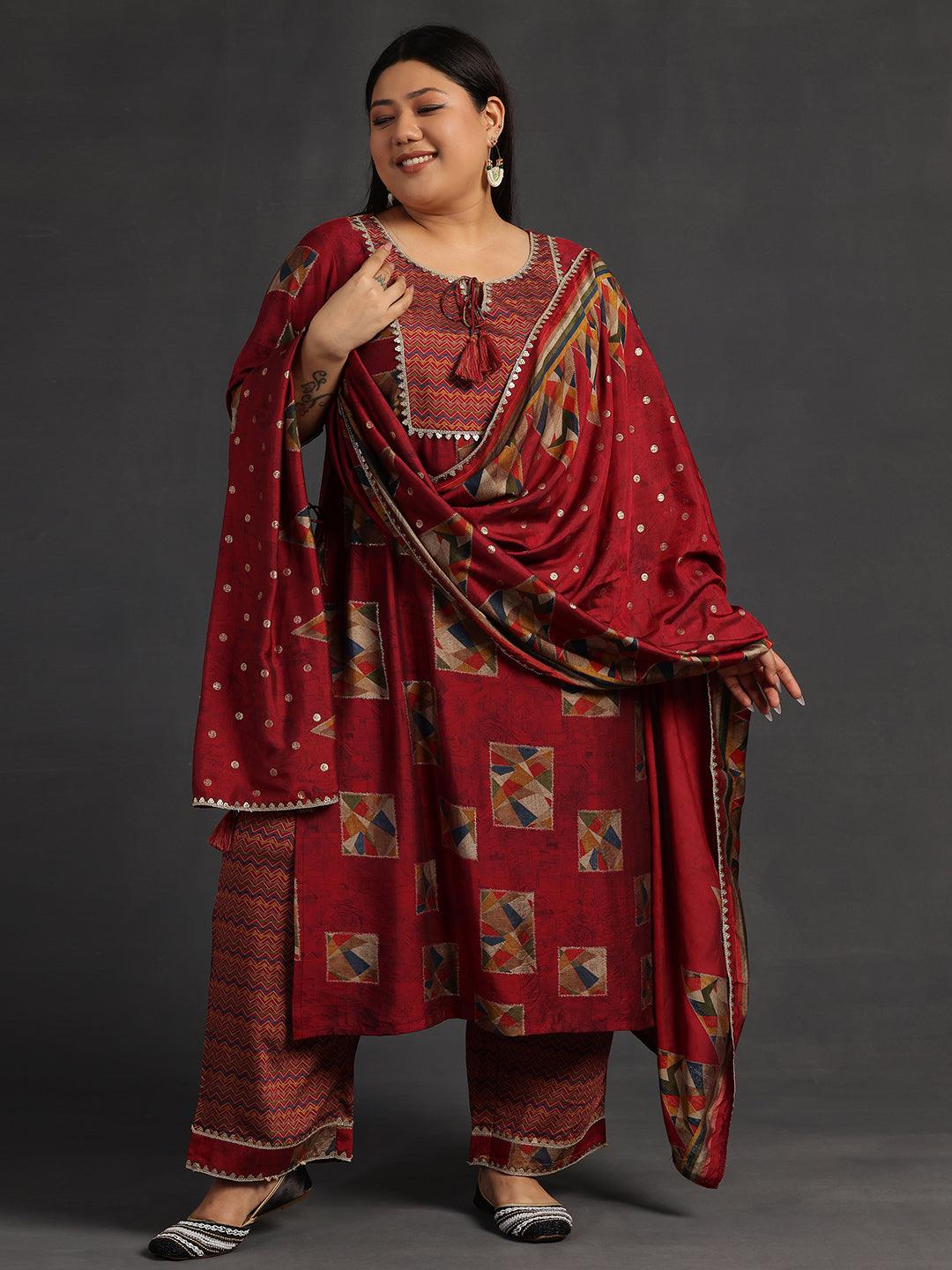 Plus Size Maroon Printed Silk Blend Straight Suit With Dupatta