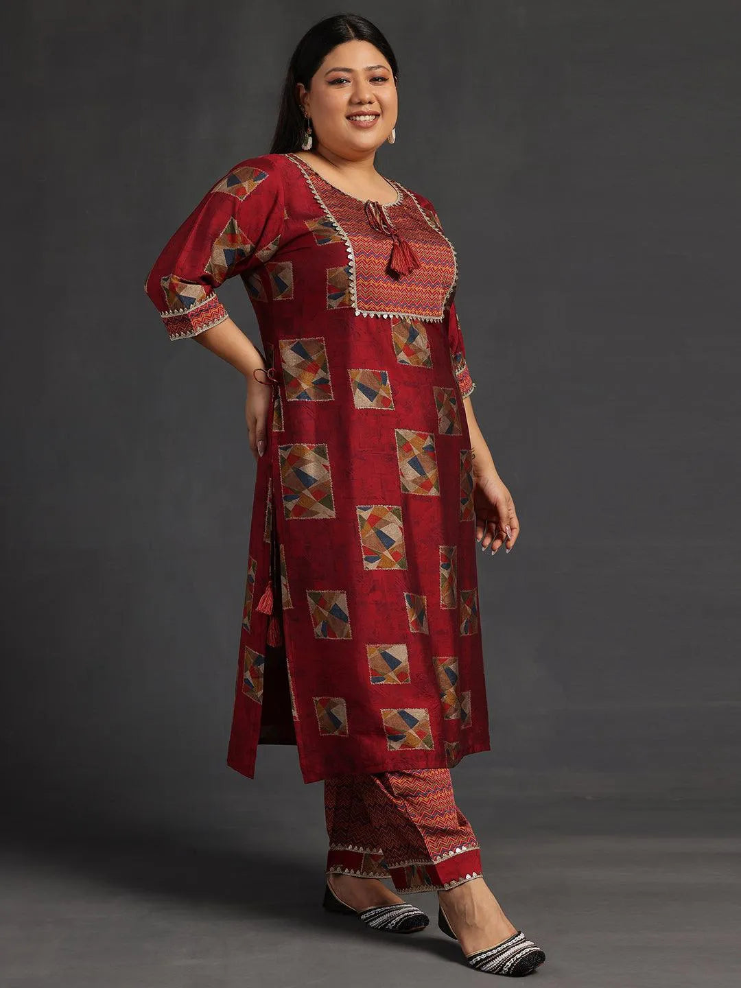 Plus Size Maroon Printed Silk Blend Straight Suit With Dupatta - Libas 