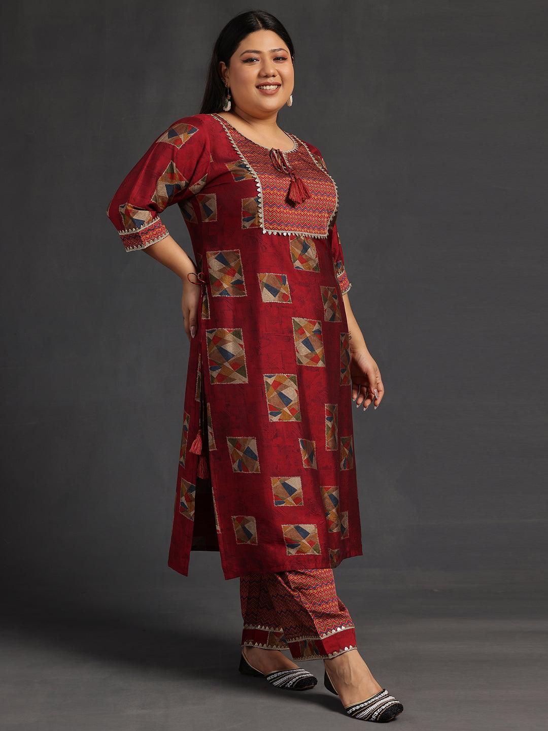 Plus Size Maroon Printed Silk Blend Straight Suit With Dupatta - Libas