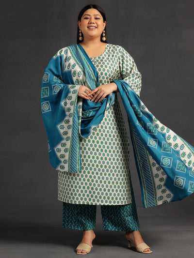 Plus Size Beige Printed Silk Blend Straight Suit With Dupatta - Libas