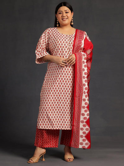 Plus Size Beige Printed Silk Blend Straight Suit With Dupatta - Libas