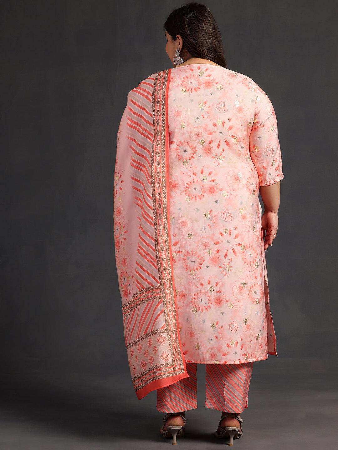 Plus Size Peach Printed Silk Blend Straight Suit With Dupatta - Libas