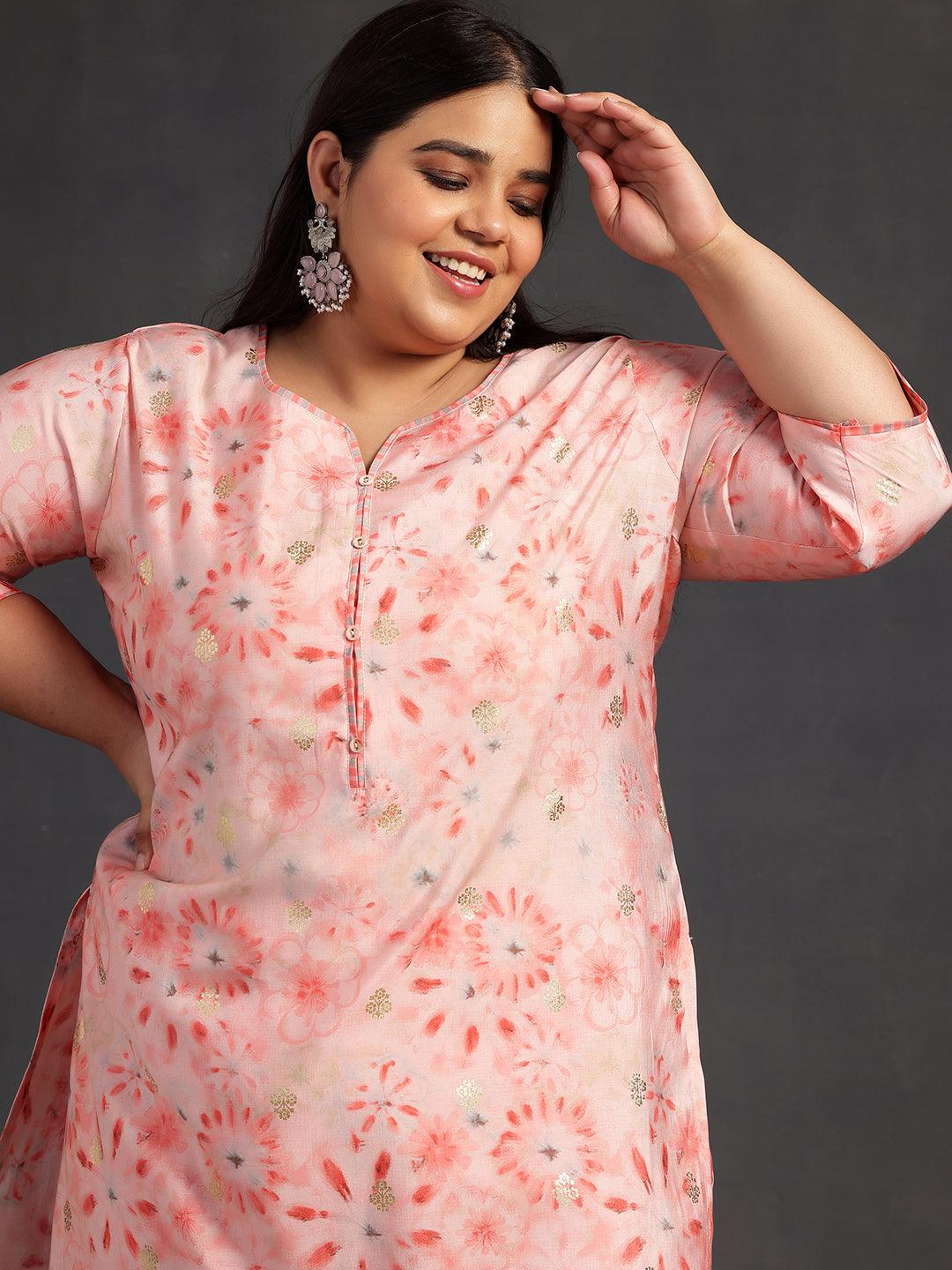Plus Size Peach Printed Silk Blend Straight Suit With Dupatta