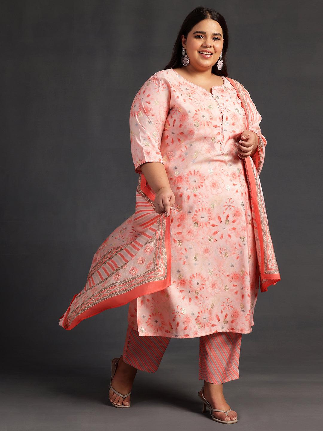 Plus Size Peach Printed Silk Blend Straight Suit With Dupatta