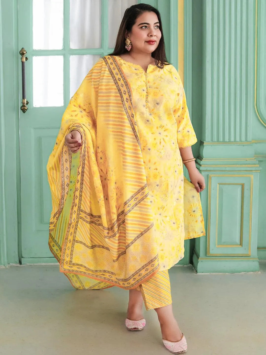 Plus Size Yellow Printed Silk Blend Straight Suit With Dupatta - Libas