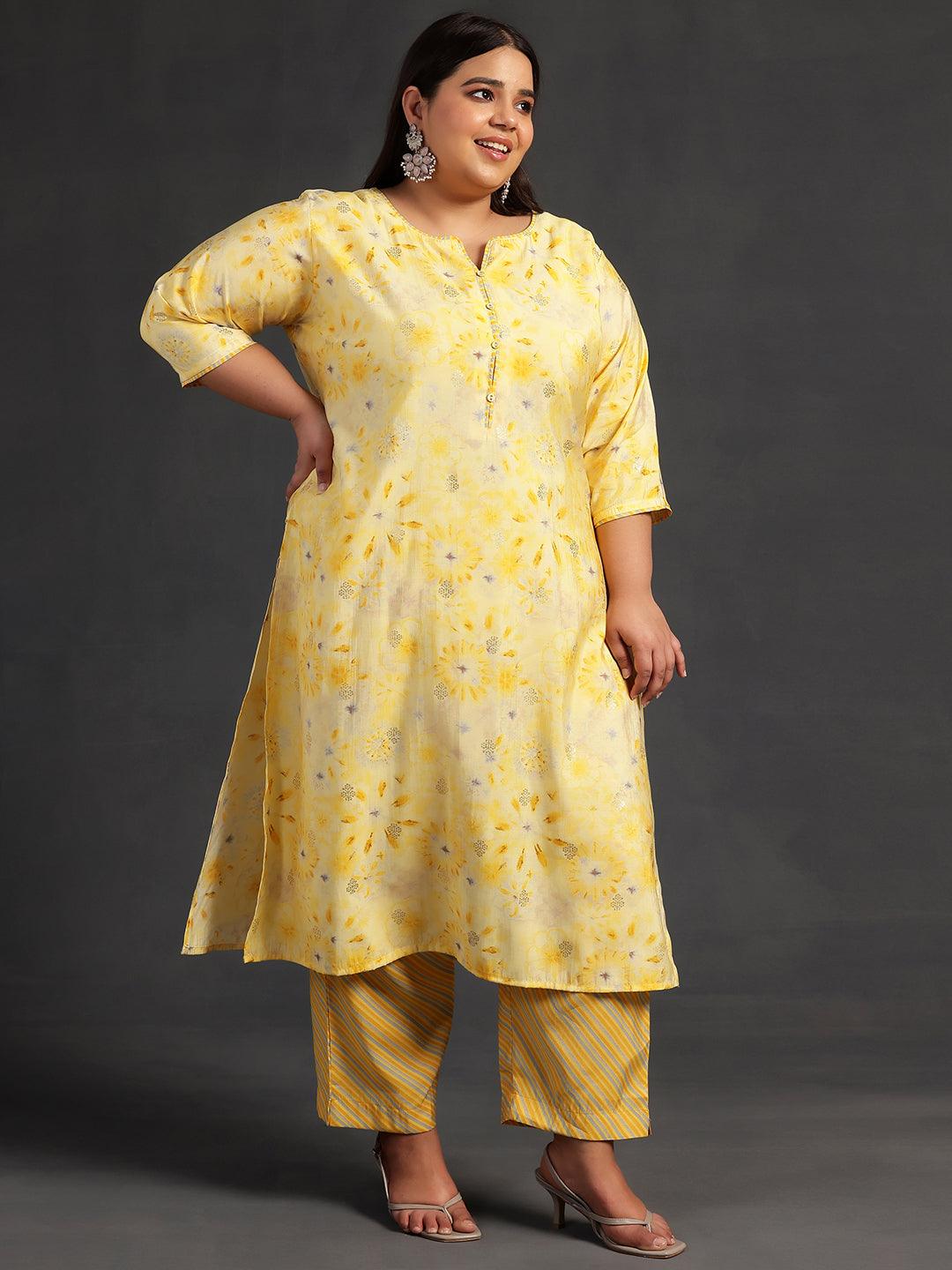Plus Size Yellow Printed Silk Blend Straight Suit With Dupatta - Libas