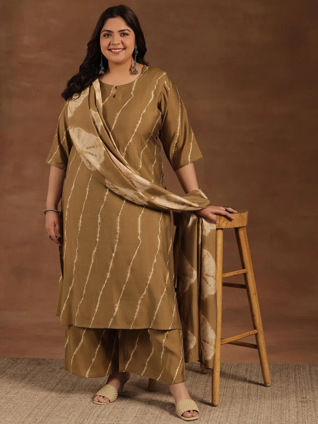 Plus Size Olive Printed Silk Blend Straight Suit With Dupatta - Libas 