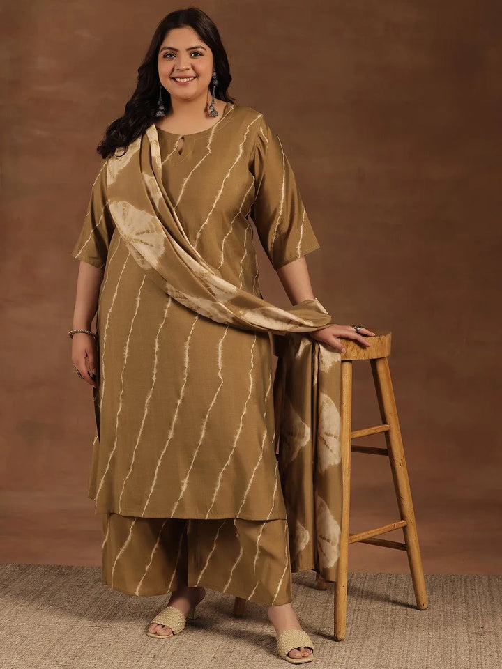 Plus Size Olive Printed Silk Blend Straight Suit With Dupatta - Libas