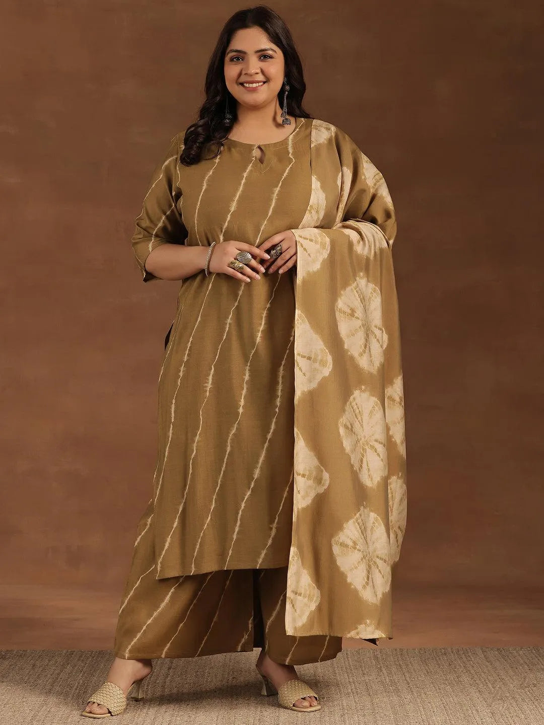 Plus Size Olive Printed Silk Blend Straight Suit With Dupatta - Libas 