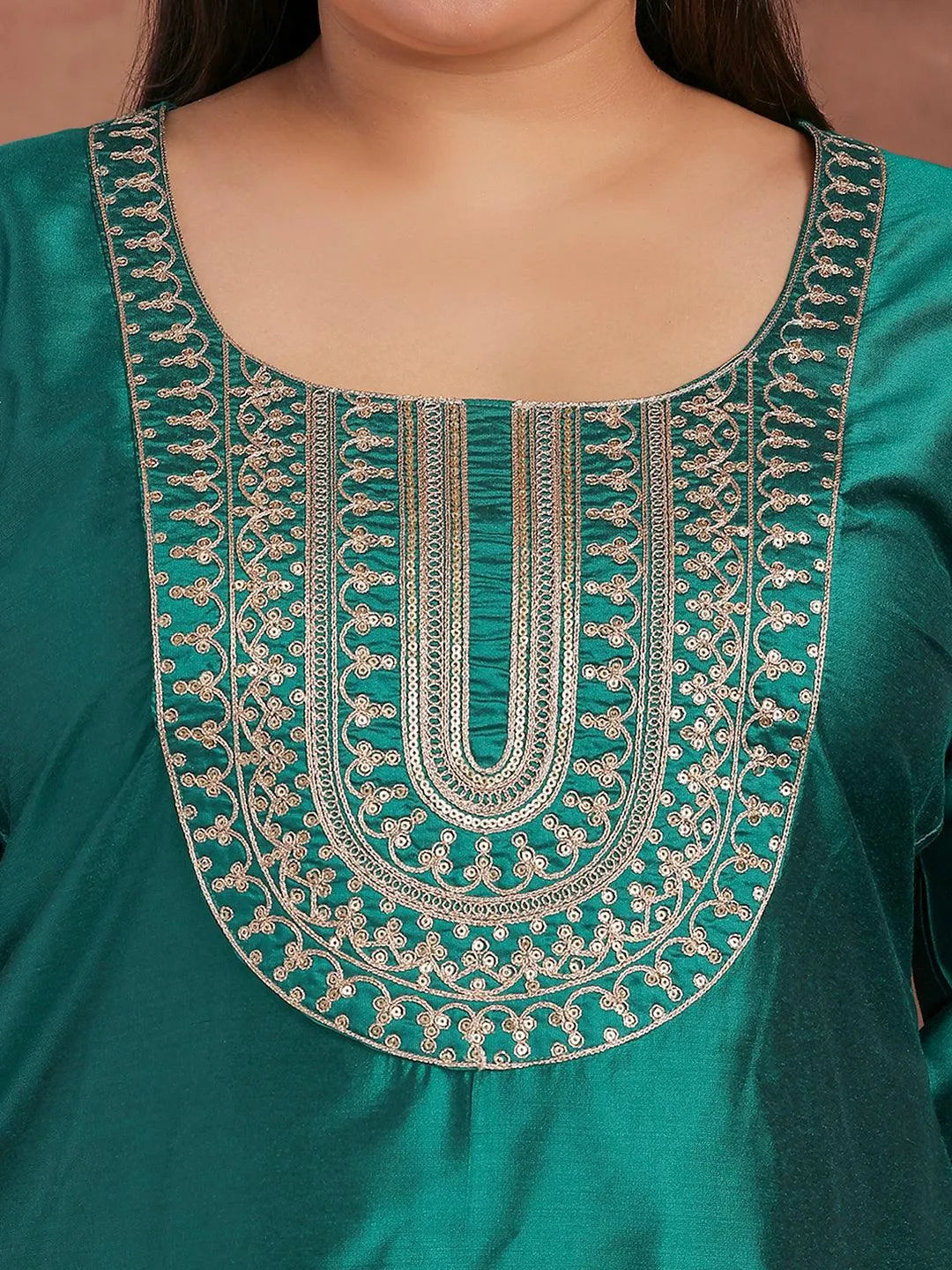 Plus Size Green Yoke Design Silk Blend Straight Suit With Dupatta - Libas 