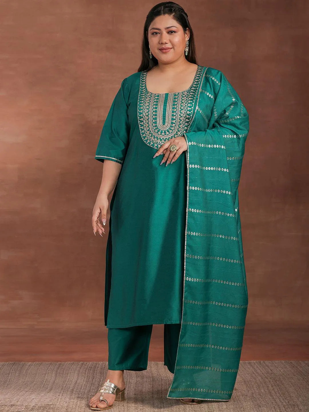 Plus Size Green Yoke Design Silk Blend Straight Suit With Dupatta - Libas 