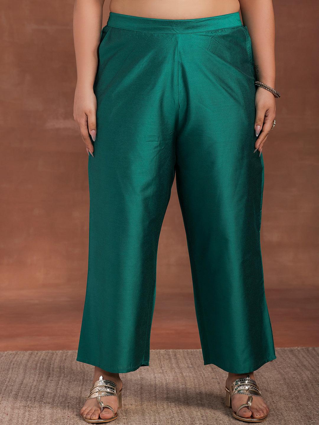 Plus Size Green Yoke Design Silk Blend Straight Suit With Dupatta
