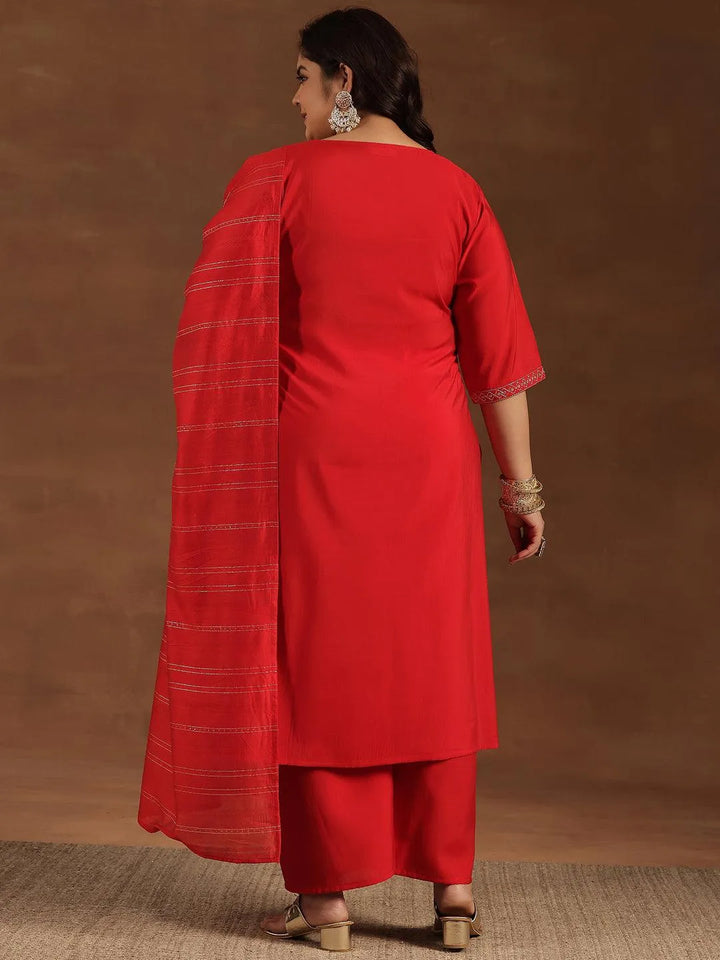 Plus Size Red Yoke Design Silk Blend Straight Suit With Dupatta - Libas