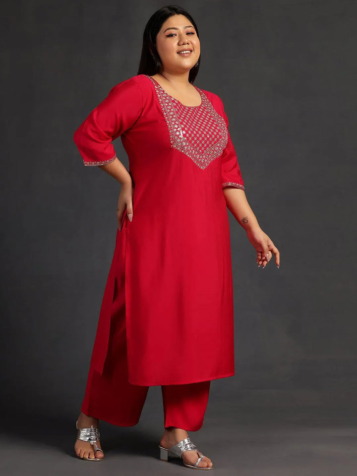 Plus Size Pink Yoke Design Silk Blend Straight Suit With Dupatta - Libas