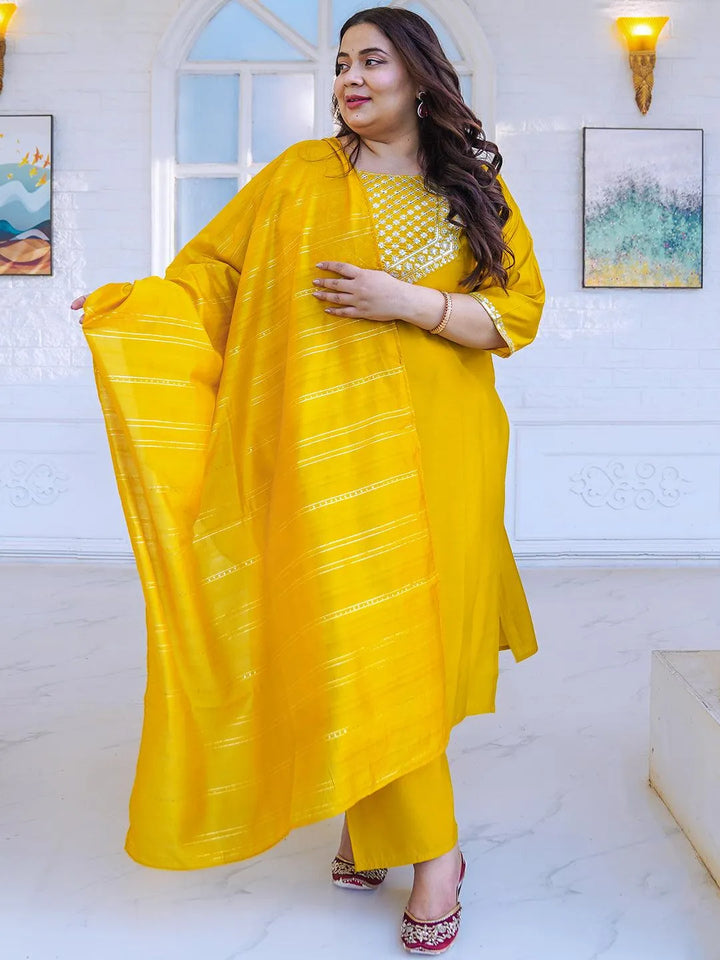 Plus Size Mustard Yoke Design Silk Blend Straight Suit With Dupatta - Libas