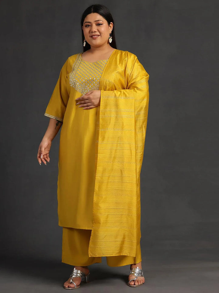 Plus Size Mustard Yoke Design Silk Blend Straight Suit With Dupatta - Libas