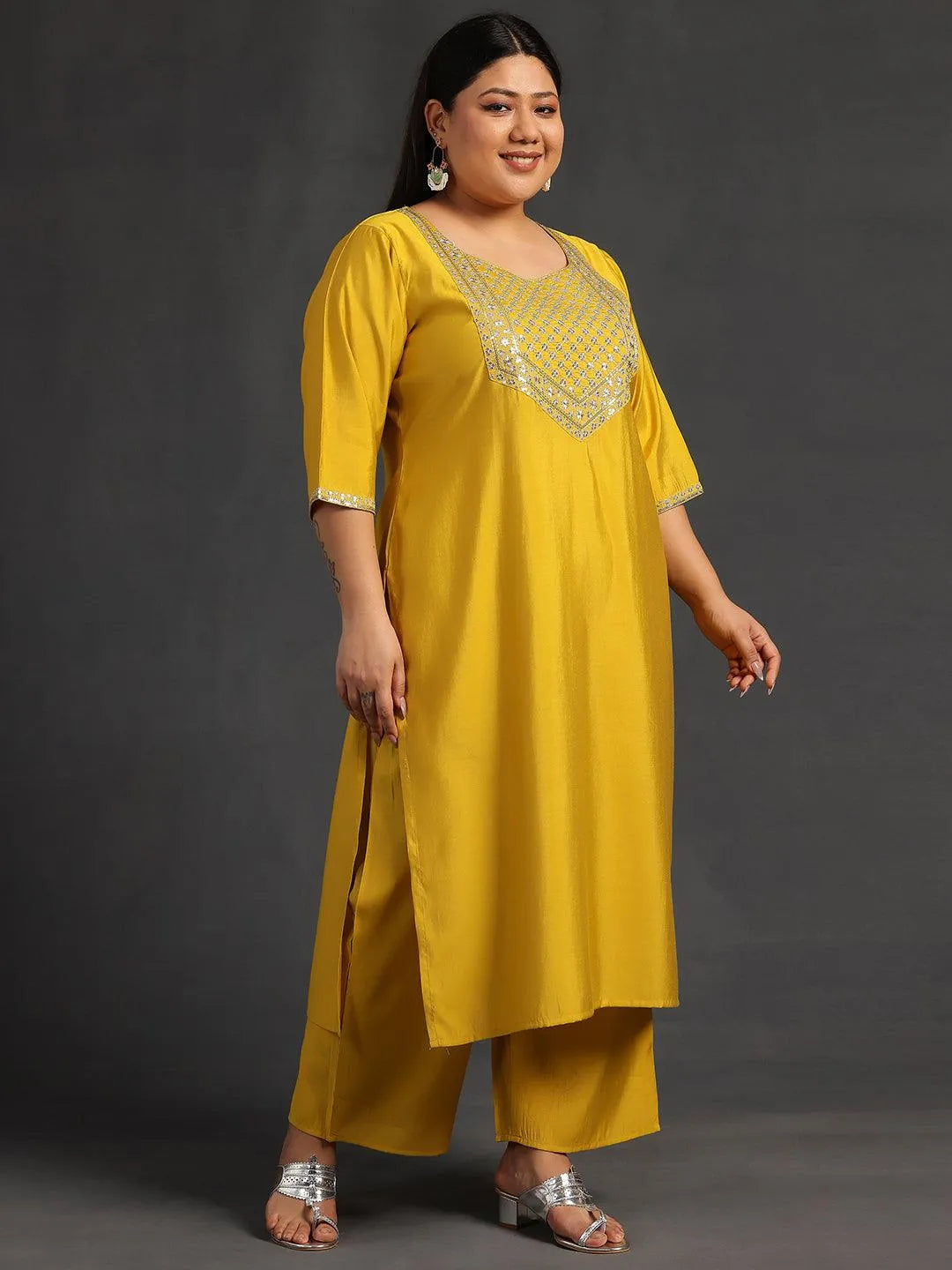 Plus Size Mustard Yoke Design Silk Blend Straight Suit With Dupatta - Libas 