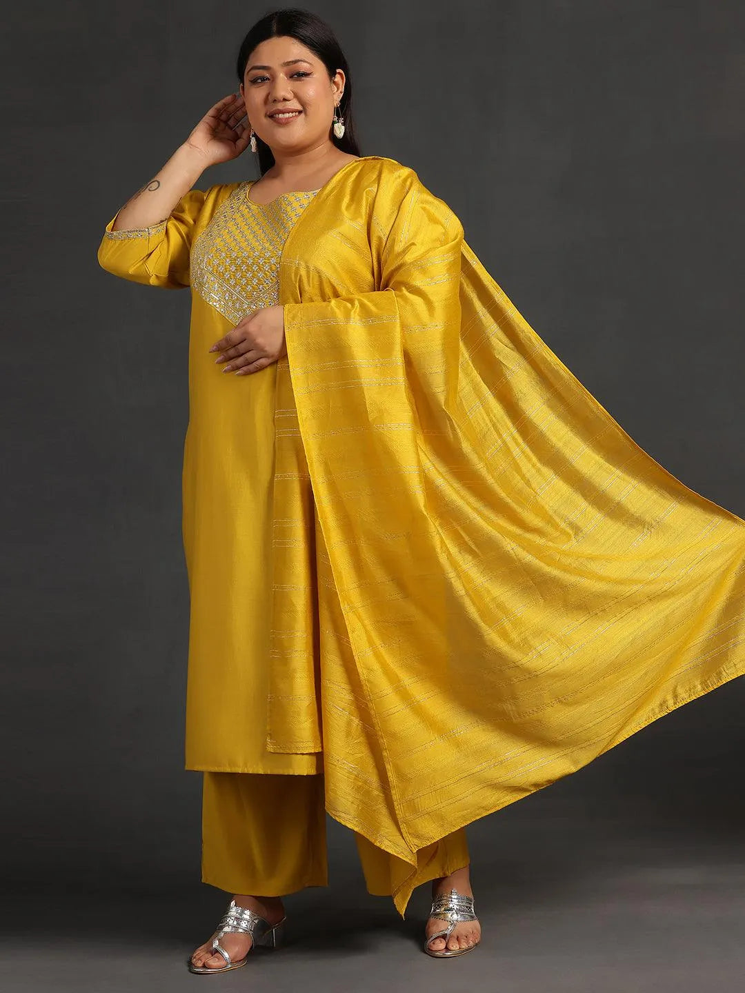Plus Size Mustard Yoke Design Silk Blend Straight Suit With Dupatta - Libas 