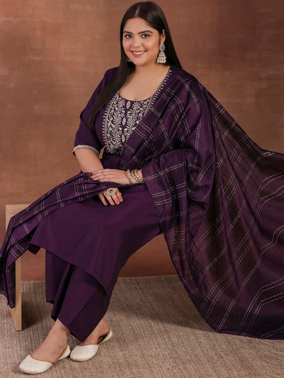 Plus Size Purple Yoke Design Silk Blend Straight Suit With Dupatta - Libas