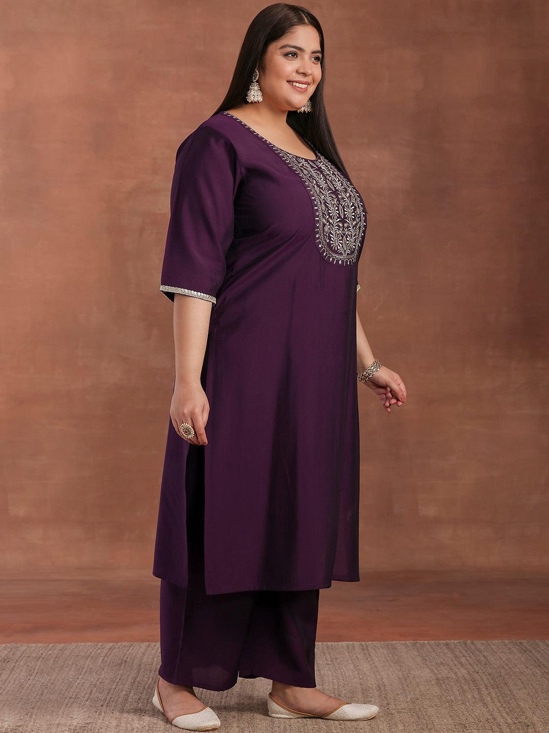 Plus Size Purple Yoke Design Silk Blend Straight Suit With Dupatta - Libas