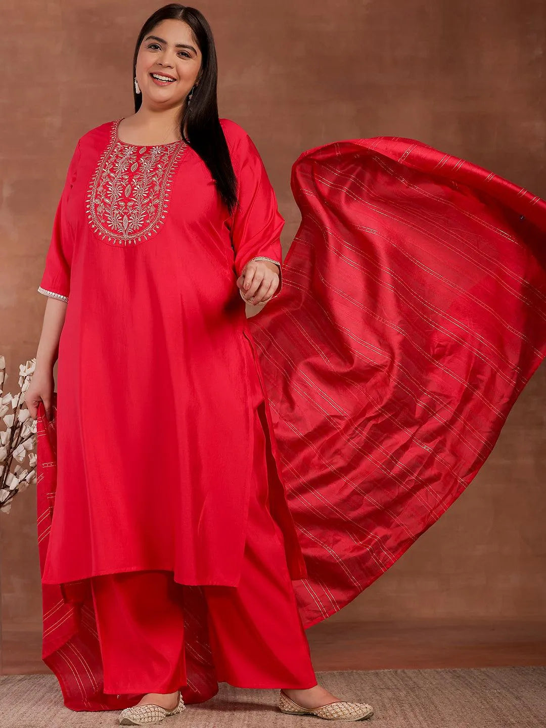 Plus Size Pink Yoke Design Silk Blend Straight Suit With Dupatta - Libas 